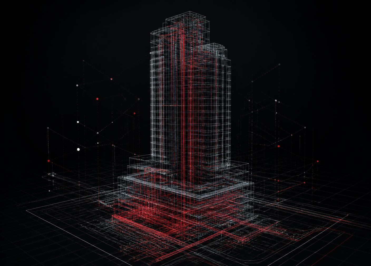 Technical wireframe visualisation of a building model