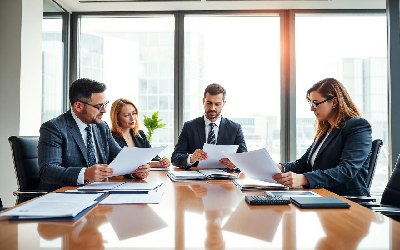 Construction lawyers reviewing contract documents in a bright boardroom