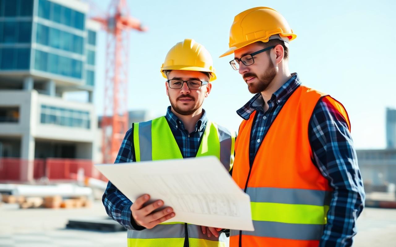 Two contractors in hard hats and high-visibility vests reviewing drawings on a construction site