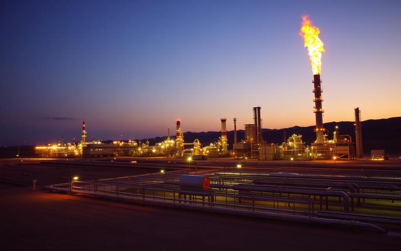 Natural gas processing complex at dusk with pipe racks and a flare stack