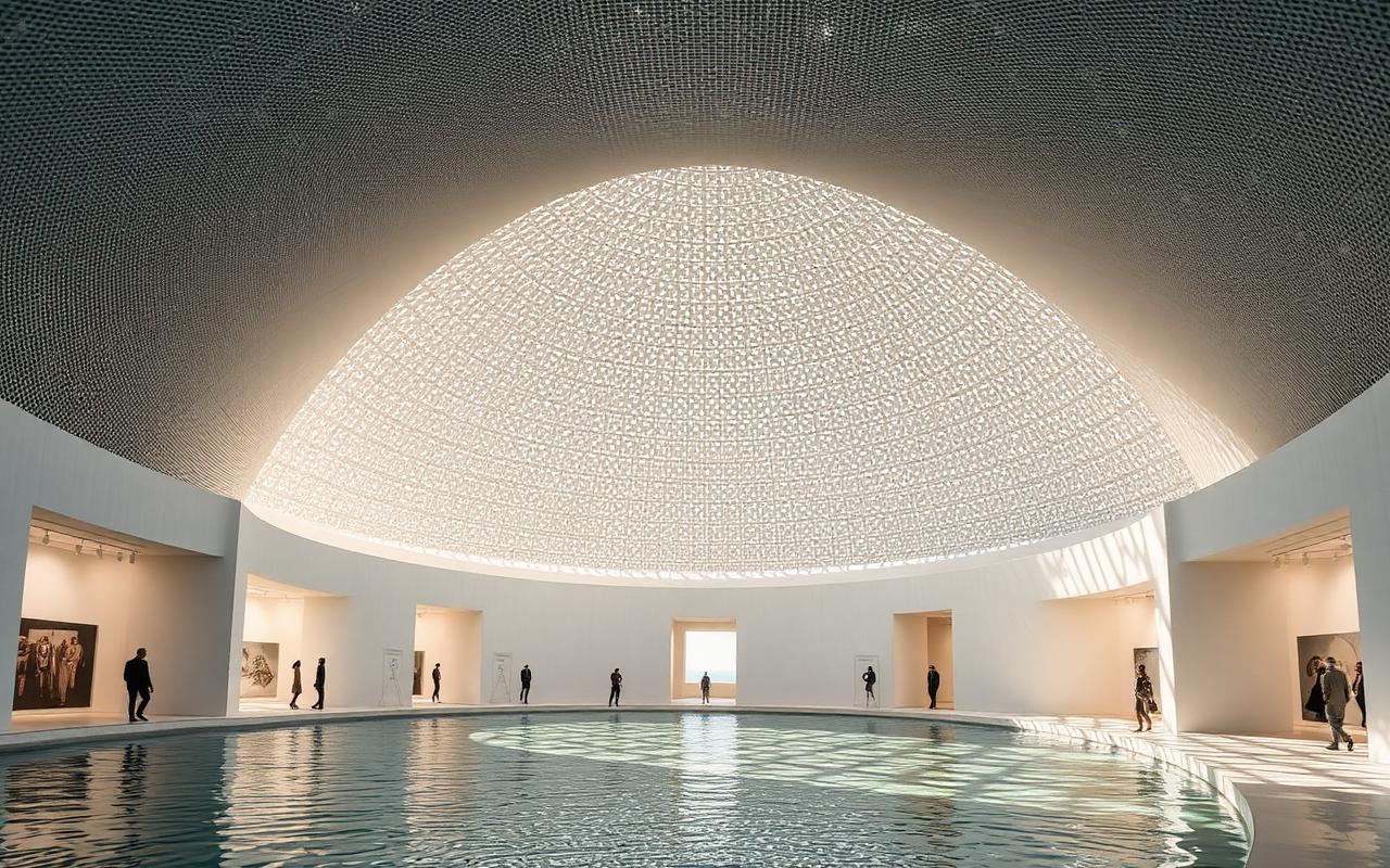 Museum gallery beneath a large perforated lattice dome with water at floor level