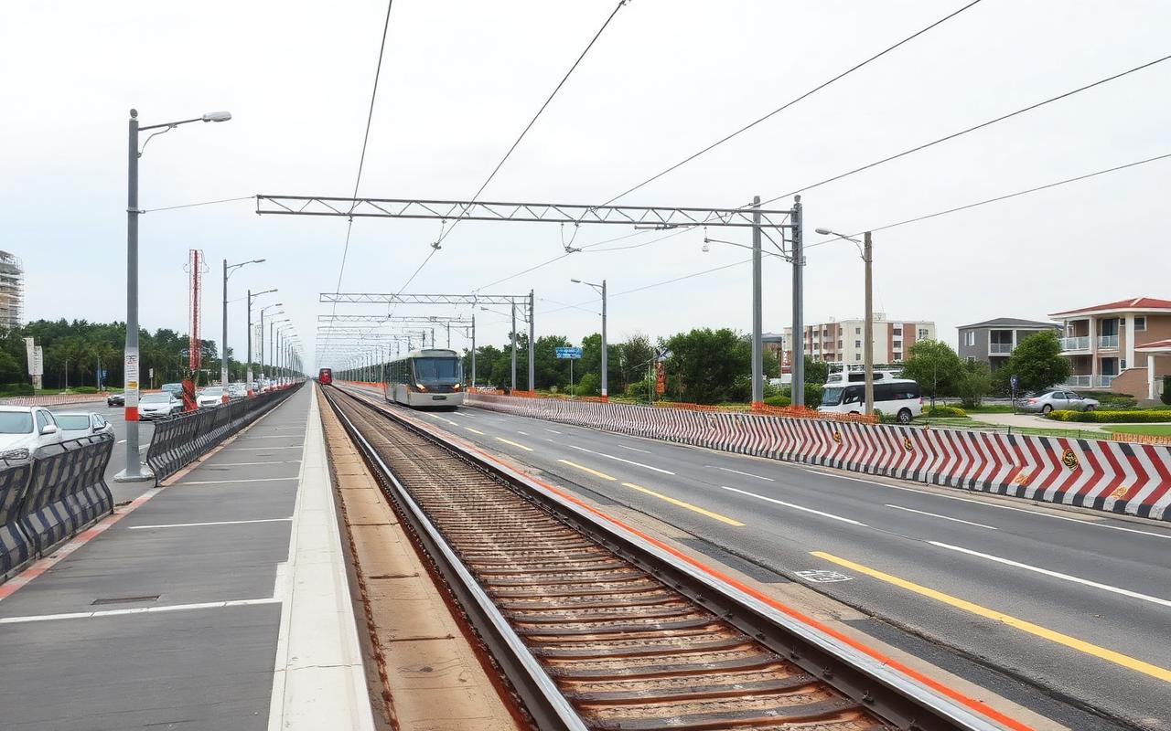 Light rail guideway construction along a wide arterial road with catenary poles