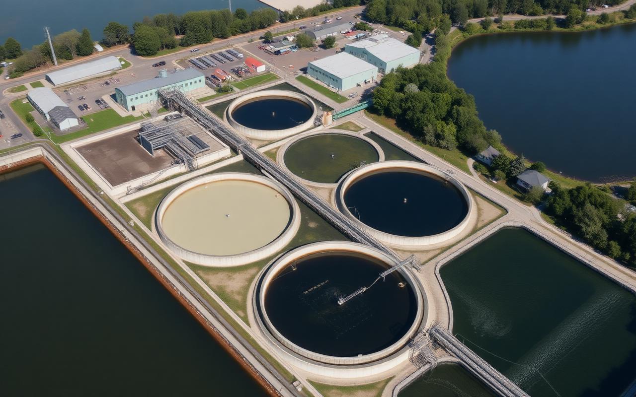 Aerial view of a lakeside wastewater treatment plant with circular clarifier tanks