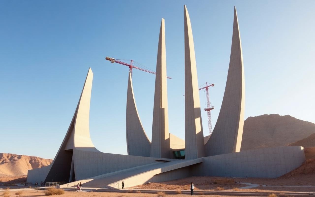 Museum with tall sculptural towers under construction with cranes in a desert setting
