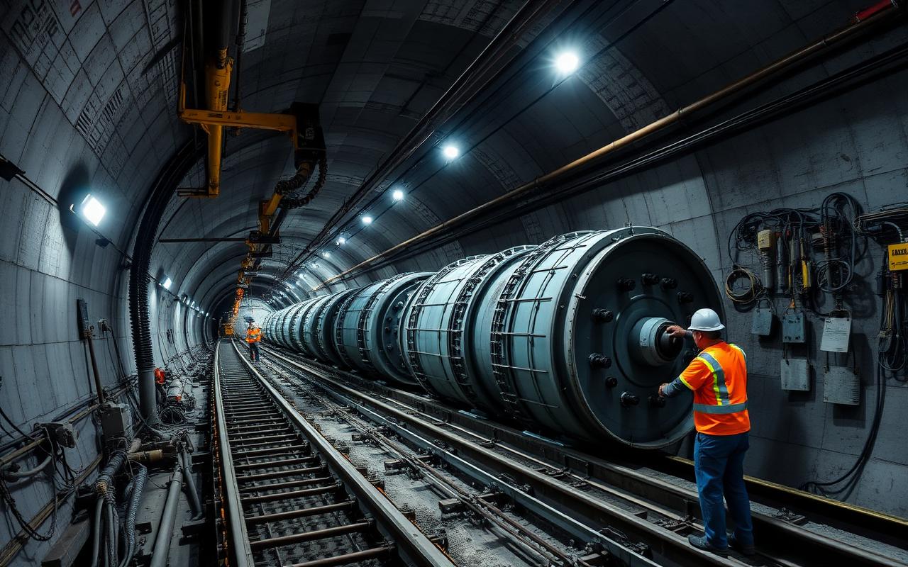 Transit tunnel under construction with segmental lining and a worker in high-visibility gear