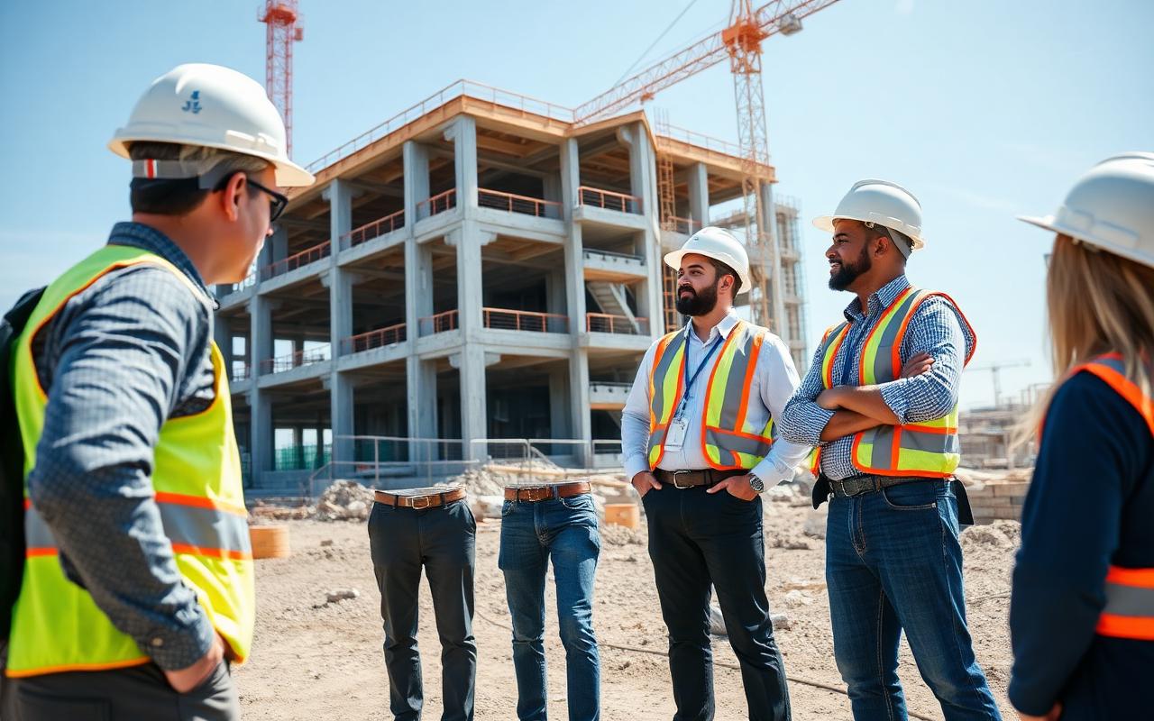 Owner representatives and architects in hard hats touring a large building development site
