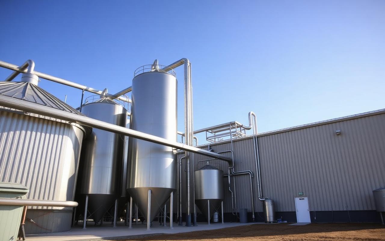 Protein processing plant with stainless steel silos and process piping