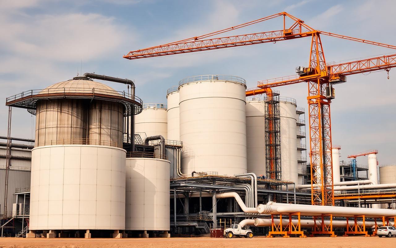 Petrochemical complex under construction with storage silos and a tower crane