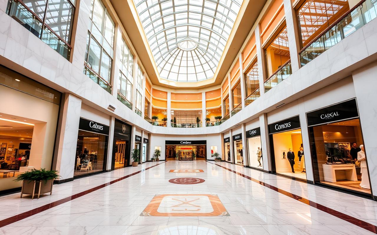 Retail mall atrium with marble floors, skylight and storefronts