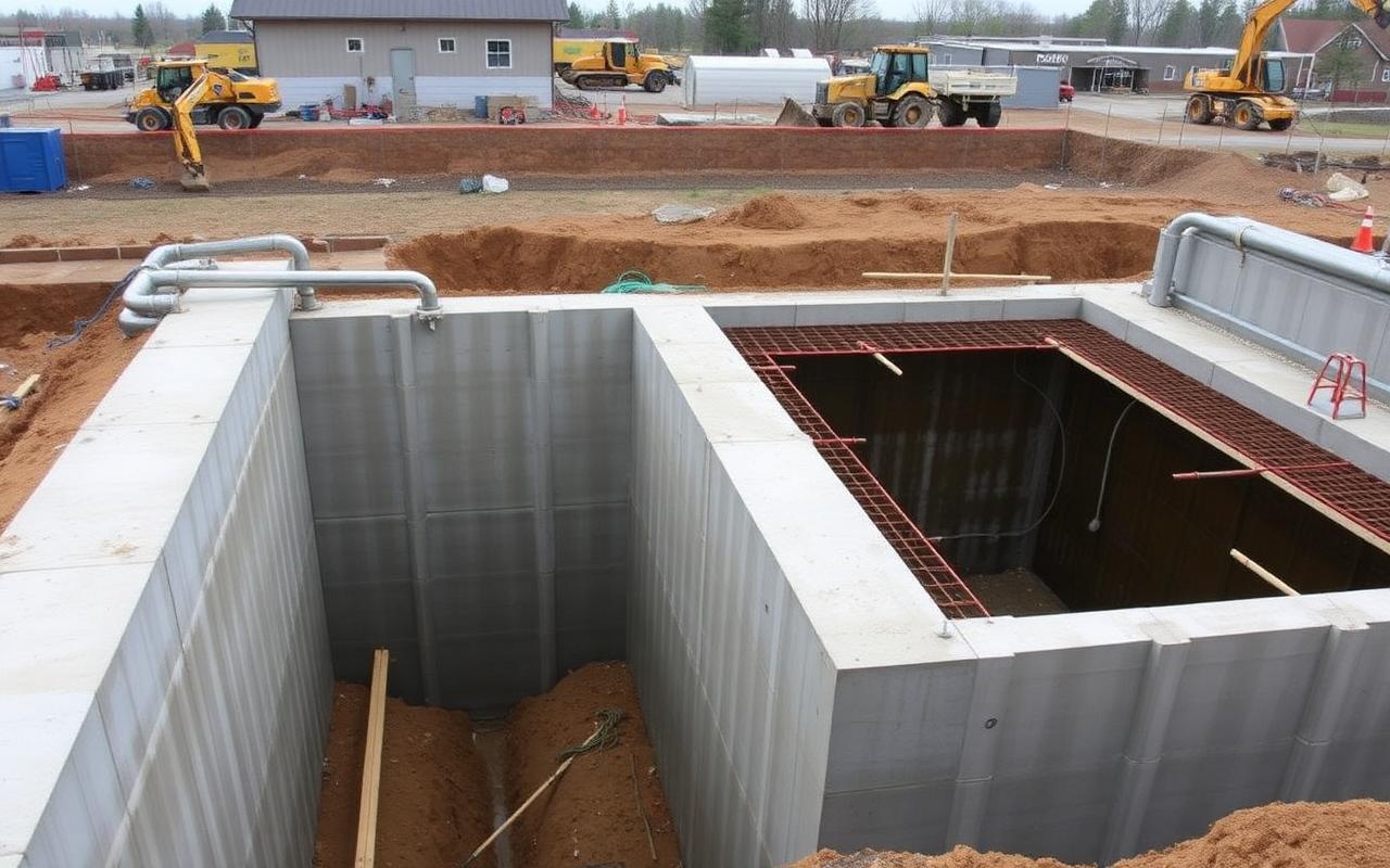 Wastewater treatment tank under construction with concrete walls and process piping