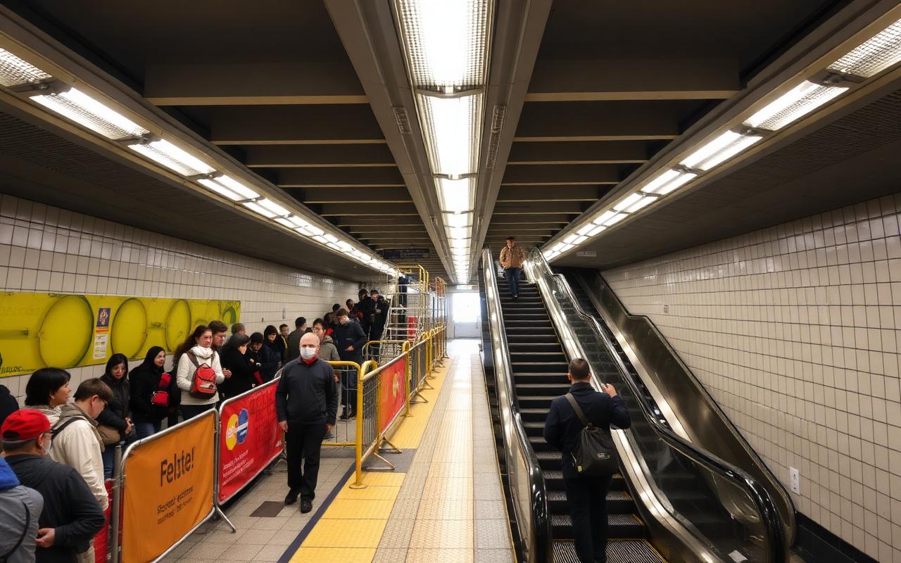 Subway interchange station with hoarding, escalators and commuters during upgrade works