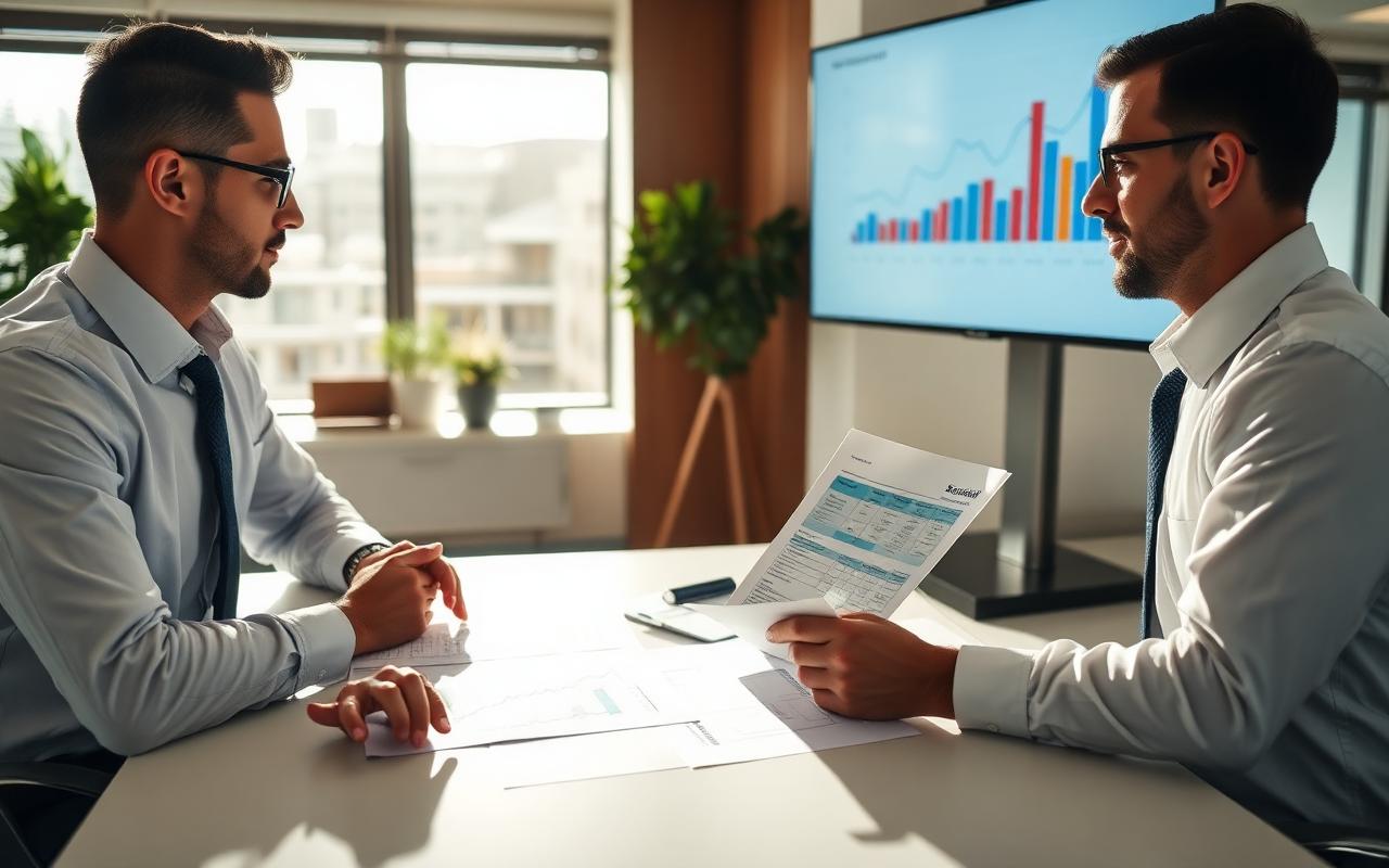 Surety underwriters reviewing project financial reports with performance charts on screen